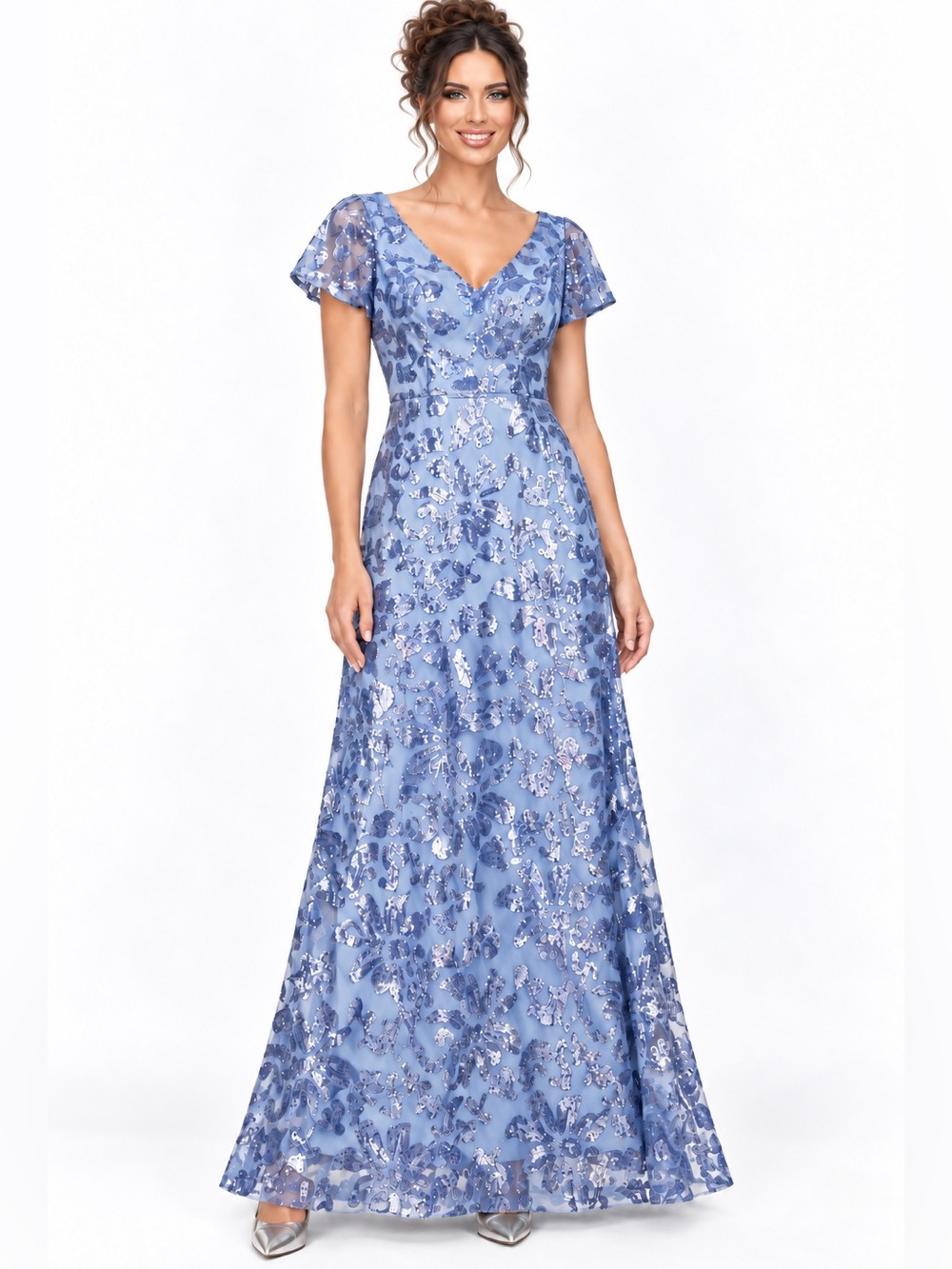 Baby Blue Floral Sequin Formal Gown with Flutter Sleeves NWT